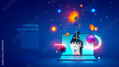 Artificial intelligence gives a flower of knowledge. Robot hand. Robot hand with flower sticks out of screen laptop. Concept Software development with help AI. Online chatbot with AI. 8 march tech.