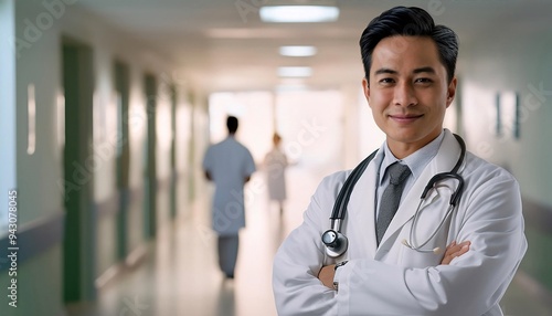 Portrait of a smiling doctor. Portrait of a doctor ethnicity with hospital corridor in background.