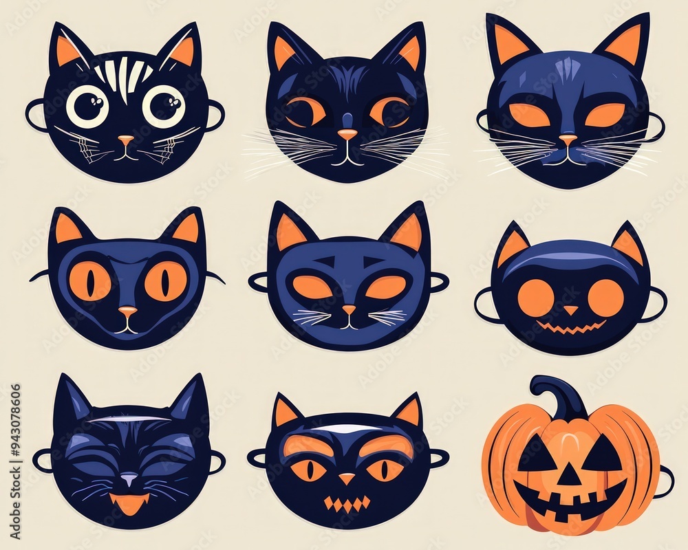 Fototapeta premium Halloween decoration vector masks of cats and pumpkins for parties.
