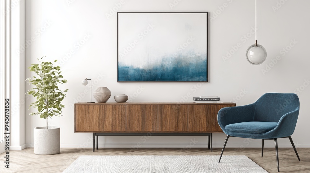 A modern living room featuring minimalist decor with a wooden cabinet, artwork, plant, and stylish chair. A modern living room featuring minimalist decor with a wooden cabinet, artwork, plant, and stylish chair.