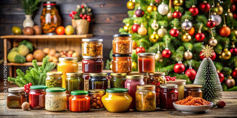 Table full of various jars of food and condiments with a Christmas tree in the background Table full of various jars of food and condiments with a Christmas tree in the background