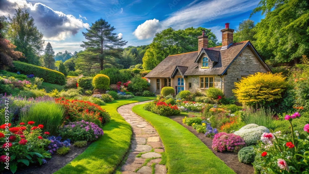 A picturesque winding stone path leading to a charming cottage surrounded by lush green lawn, vibrant flowers, towering trees, and a sunny sky A picturesque winding stone path leading to a charming cottage surrounded by lush green lawn, vibrant flowers, towering trees, and a sunny sky