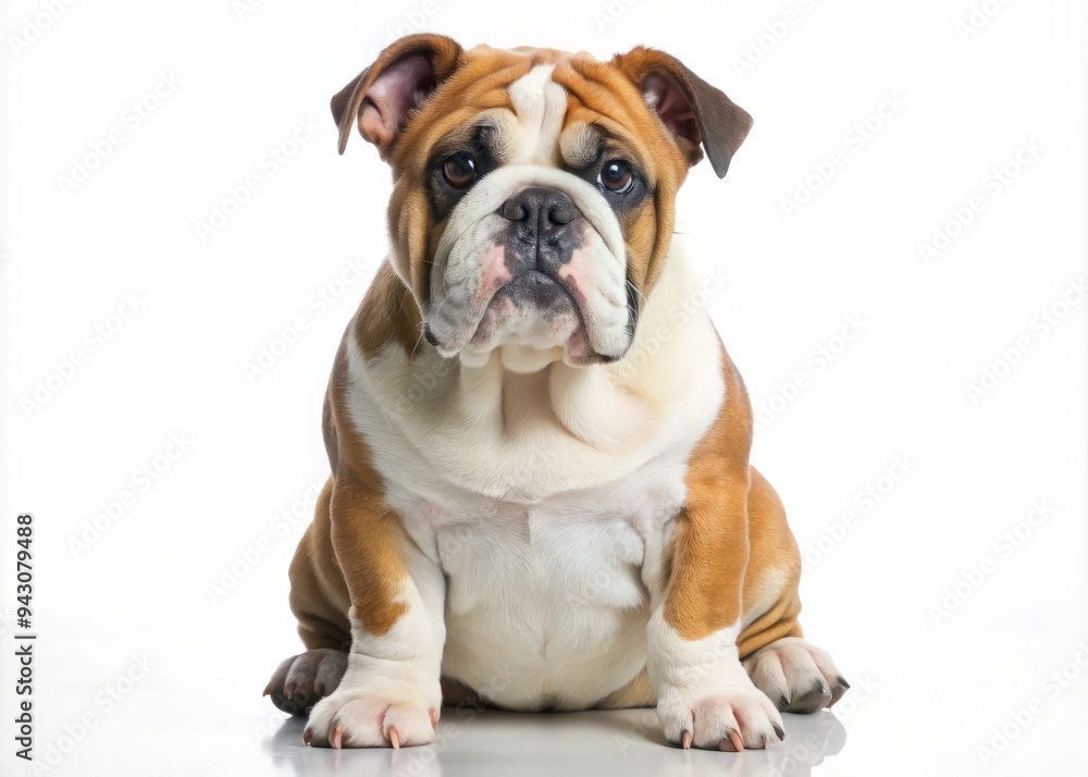 a photo image of an adorable english bulldog sitting on a white background with its ears folded back a photo image of an adorable english bulldog sitting on a white background with its ears folded back