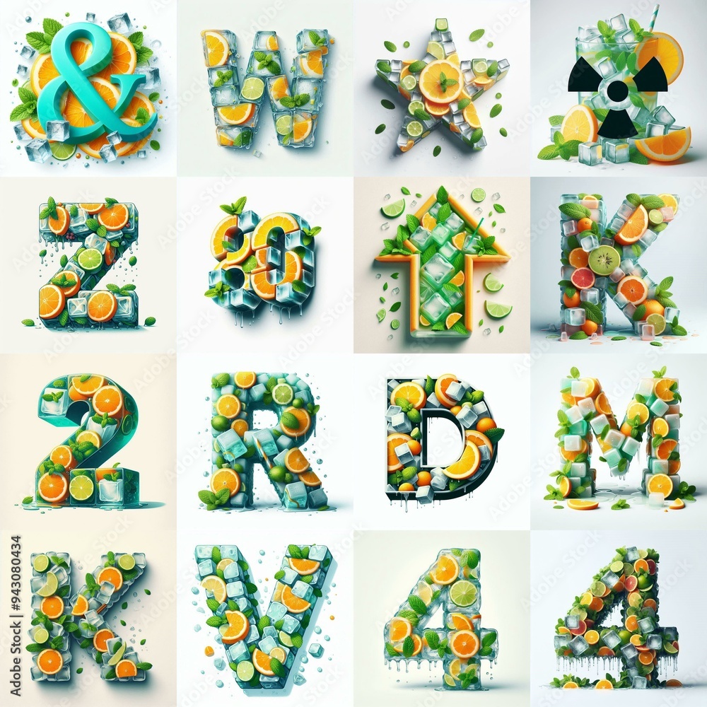Obraz premium Ice cubes and mints and citrus Lettering Typeface. AI generated illustration