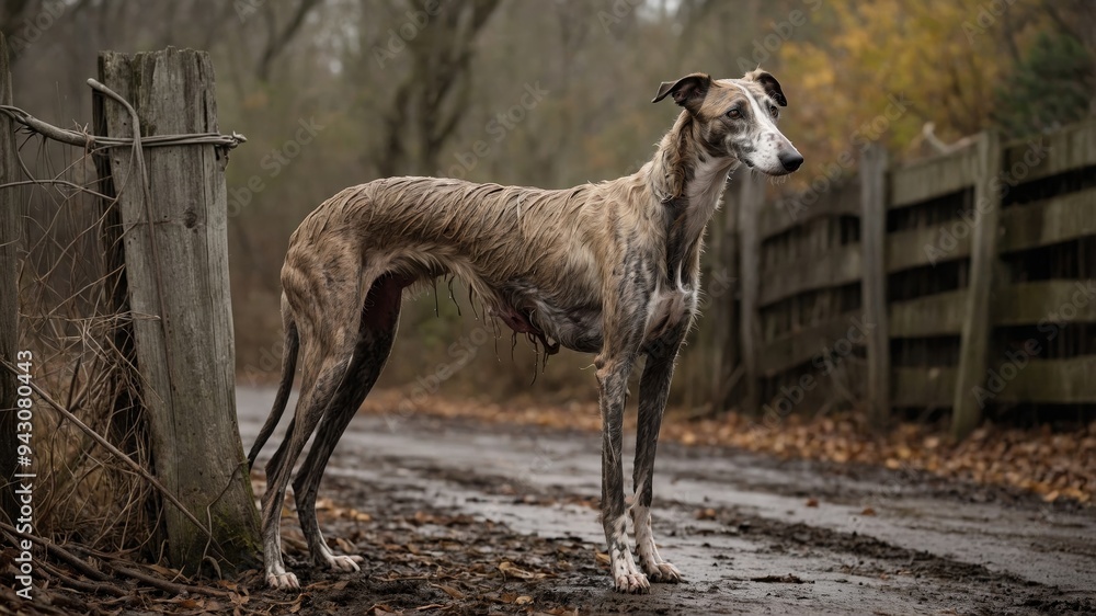 Obraz premium A High-Resolution Photograph of a Muddy and Tangled Stray Greyhound without a Collar