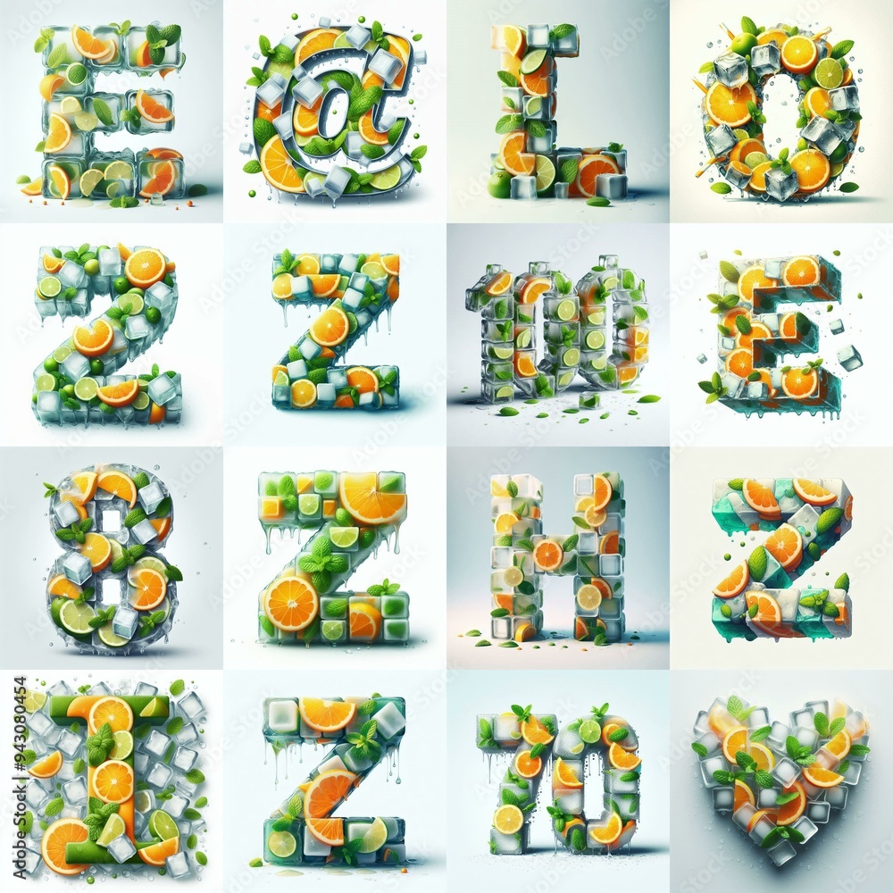 Obraz premium Ice cubes and mints and citrus Lettering Typeface. AI generated illustration