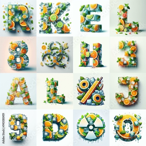 Ice cubes and mints and citrus Lettering Typeface. AI generated illustration