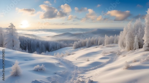 A vast expanse of untouched snow blankets the glistening, magical winter forests, inviting you to explore its open space.