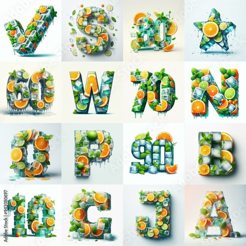 Ice cubes and mints and citrus Lettering Typeface. AI generated illustration