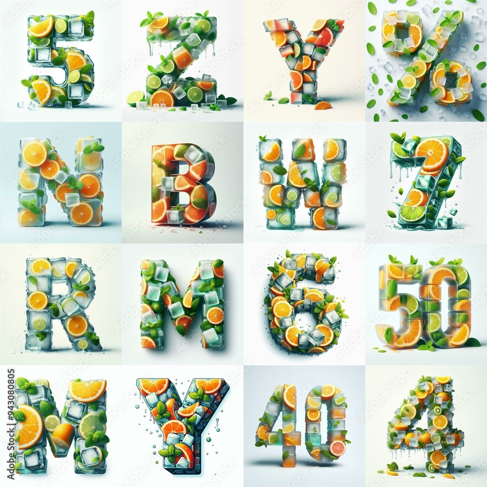 Fototapeta premium Ice cubes and mints and citrus Lettering Typeface. AI generated illustration