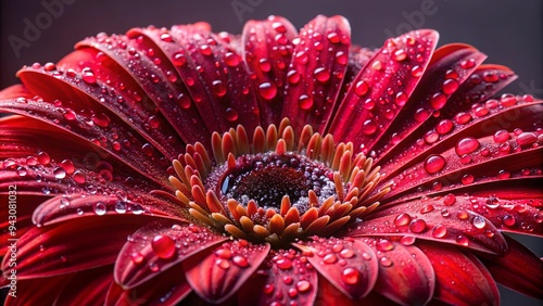 Close up of wet red flower with dew drops on petals and center