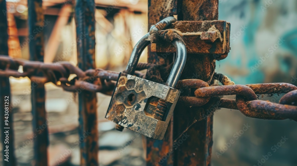 Closed Construction Site: Padlock and Chain Securing Gate. Industrial Safety and Security Concept Closed Construction Site: Padlock and Chain Securing Gate. Industrial Safety and Security Concept
