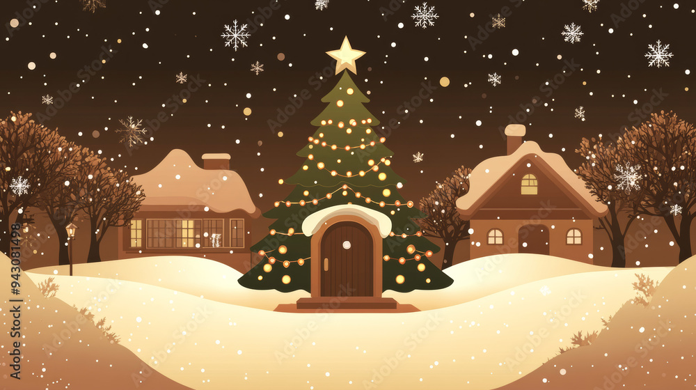 Naklejka premium Christmas – a charming treehouse decorated with warm lights in a snowy setting, creating a cozy and magical holiday scene, perfect for a festive and whimsical winter atmosphere.