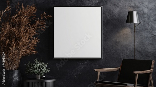 Mock up a Halloween frame with dark and luxurious patterns and silver. Displayed on a white canvas in a contemporary room with dark wood furniture photo