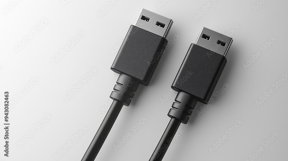 Pair of USB cables with black connectors on gray background Pair of USB cables with black connectors on gray background