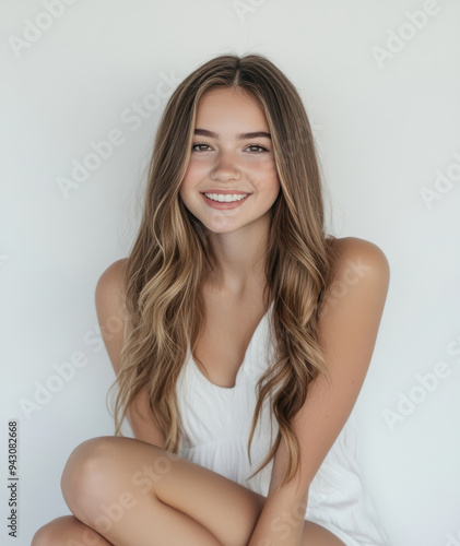 young women in elegant white dresses, blending casual gala vibes with a hint of teen party energy. The white backdrop complements the happy, relaxed, and slightly playful mood of the shoot.