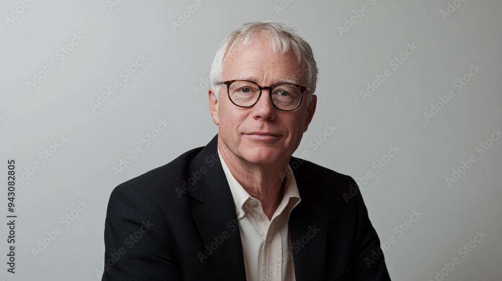International Day Of Older Persons: Senior white man with gray hair and glasses, wearing a dark suit and light shirt, posing confidently in a professional indoor setting with a neutral background. International Day Of Older Persons: Senior white man with gray hair and glasses, wearing a dark suit and light shirt, posing confidently in a professional indoor setting with a neutral background.