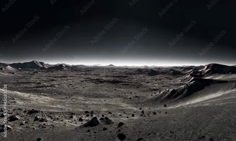 A video showcasing the barren, cratered surface of the Moon under a ...