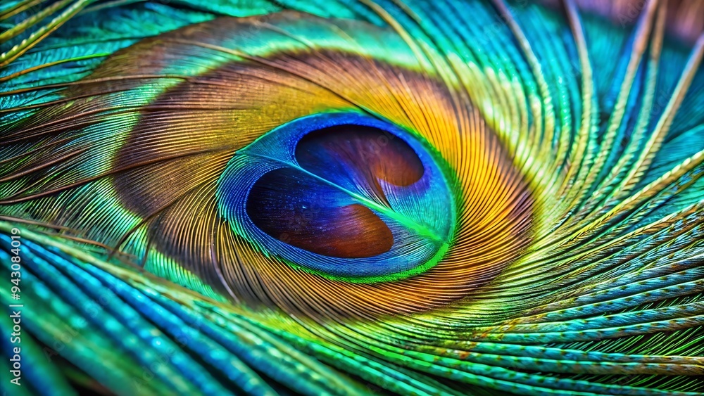 Obraz premium A hyper-realistic 8K close-up showcasing the iridescent blues and greens of a peacock feather. The intricate barbules and the exquisite eye pattern are captured with exceptional clarity.
