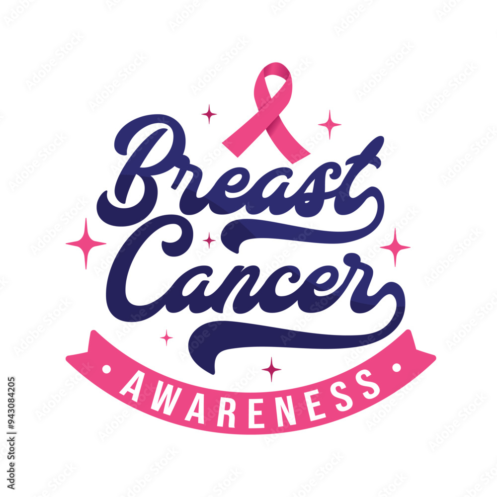 Obraz premium Breast cancer awareness typography vector illustration with pink ribbon. Breast cancer awareness campaign poster. Cancer awareness logo, label, sticker, t shirt design for print.
