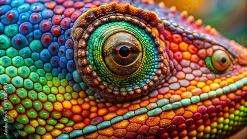 A hyper-realistic close-up showcasing the intricate details of a chameleon's color-changing skin. The chromatophores are in full display, creating a mesmerizing pattern of hues and textures.