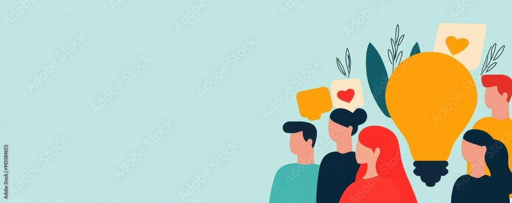 Naklejka premium A creative concept illustration featuring diverse people with a lightbulb, symbolizing ideas and collaboration.