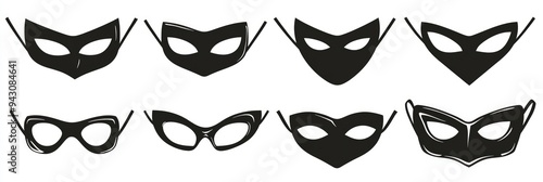 Black silhouette mask vector set in an ultra-wide format, isolated on white.