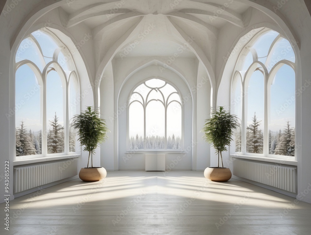 A Minimalist White Room with a View of a Snowy Forest Through Arched Windows A Minimalist White Room with a View of a Snowy Forest Through Arched Windows