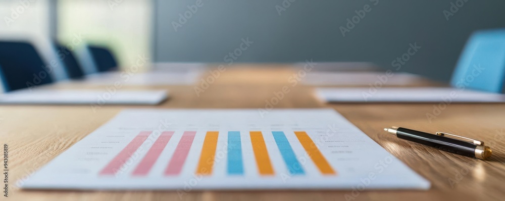Close-up of a document with colorful graphs, a pen, and a modern conference table, ideal for business presentations. Close-up of a document with colorful graphs, a pen, and a modern conference table, ideal for business presentations.
