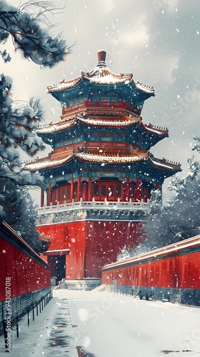 Wallpaper Mural Winter snow scene oriental architecture illustration poster background Torontodigital.ca
