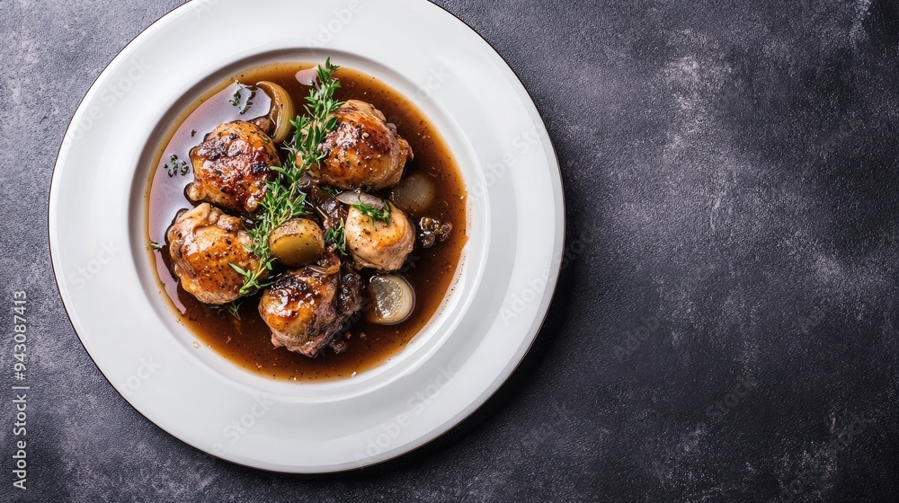 A beautifully plated coq au vin dish with wine sauce and herbs, leaving room for text on a simple background. Suitable for French cuisine or gourmet dining themes. A beautifully plated coq au vin dish with wine sauce and herbs, leaving room for text on a simple background. Suitable for French cuisine or gourmet dining themes.