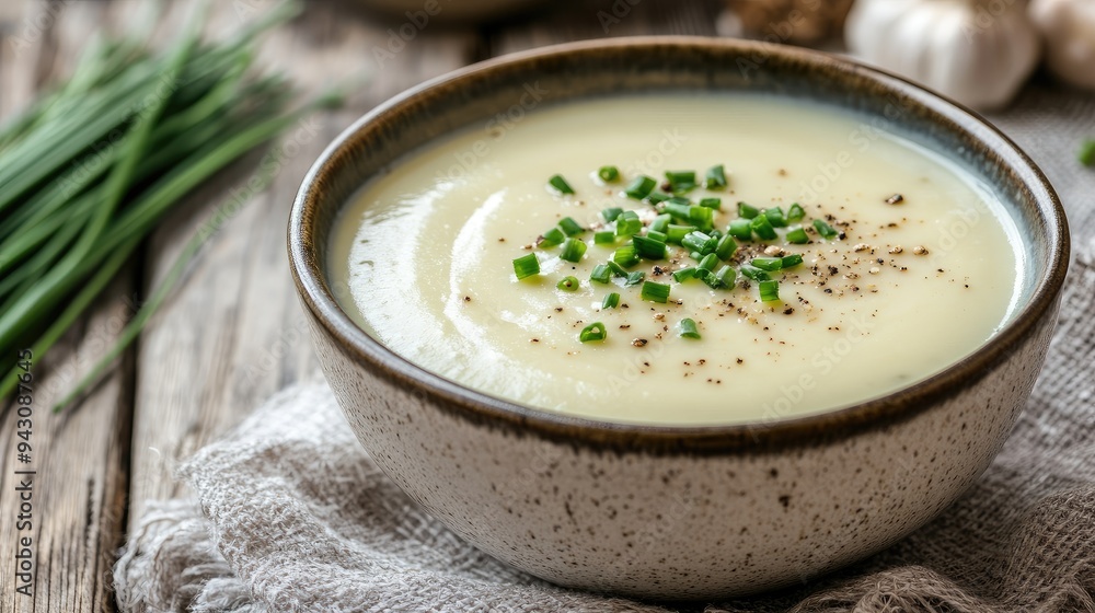 A bowl of creamy French vichyssoise soup with a garnish of chives, with text space above. Great for gourmet food promotions or cozy dinner themes. A bowl of creamy French vichyssoise soup with a garnish of chives, with text space above. Great for gourmet food promotions or cozy dinner themes.
