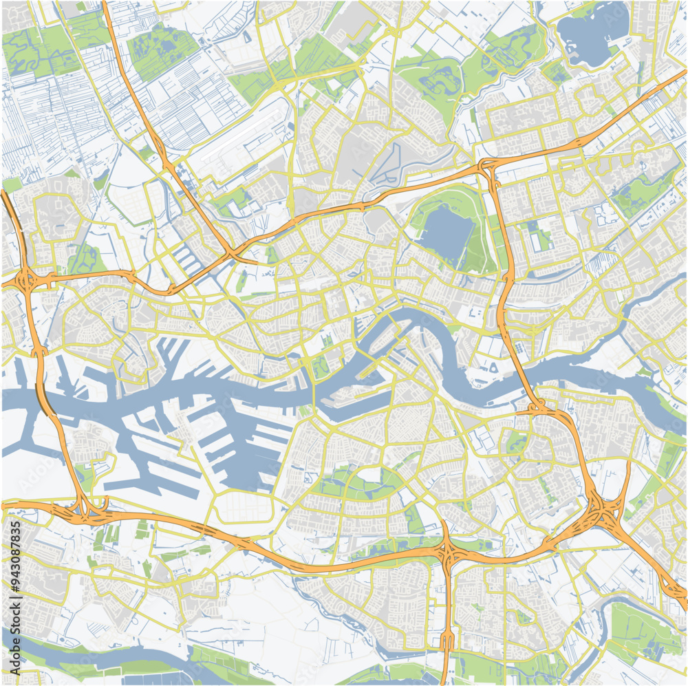 Road map of Rotterdam in Netherlands. Contains layered vector with roads water, parks, etc. Road map of Rotterdam in Netherlands. Contains layered vector with roads water, parks, etc.