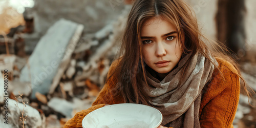 Young Girl in Scarf Holding Empty Bowl Against Rustic, Ruined Background photo