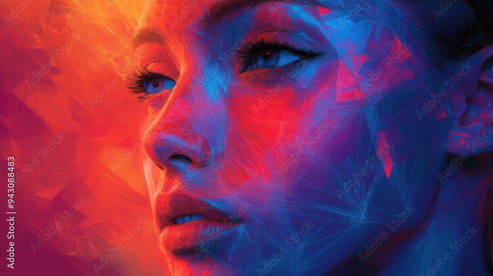 Neon Cyber-Futurism: Geometric Portraits of Humans in Abstract Polygon Shapes under Vivid Lights Neon Cyber-Futurism: Geometric Portraits of Humans in Abstract Polygon Shapes under Vivid Lights