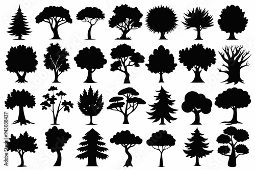 trees set, set of tree silhouettes, different kinds of trees sets of silhouettes,