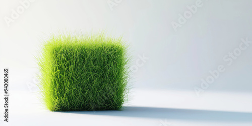 Geometric Cube of Green Grass Blades Against Minimalistic White Background photo