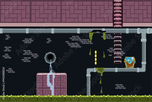 2d platform game side view adventure with style rounded block in sewer underground waste Level six. water pipe and dirty water