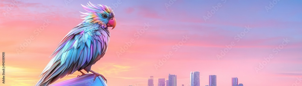 An exotic bird with metallic feathers perched on a futuristic city skyline, Digital Art, High Contrast, Bright Colors, Urban Wildlife An exotic bird with metallic feathers perched on a futuristic city skyline, Digital Art, High Contrast, Bright Colors, Urban Wildlife