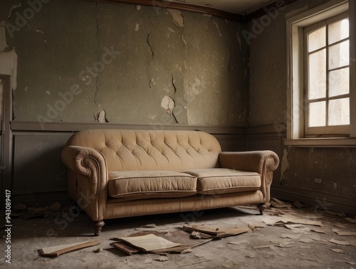 A Tan Sofa in a Decaying Room with a Window photo