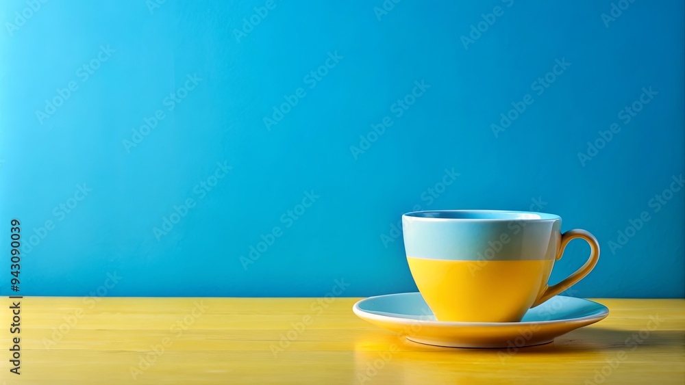Coffee cup on table with blue and yellow color scheme Coffee cup on table with blue and yellow color scheme