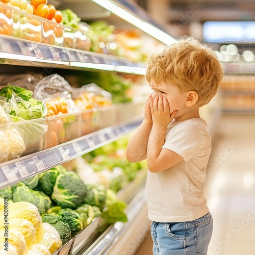 Little boy or girl crying in the supermarket, lost and scared among strangers, fear of getting lost photo