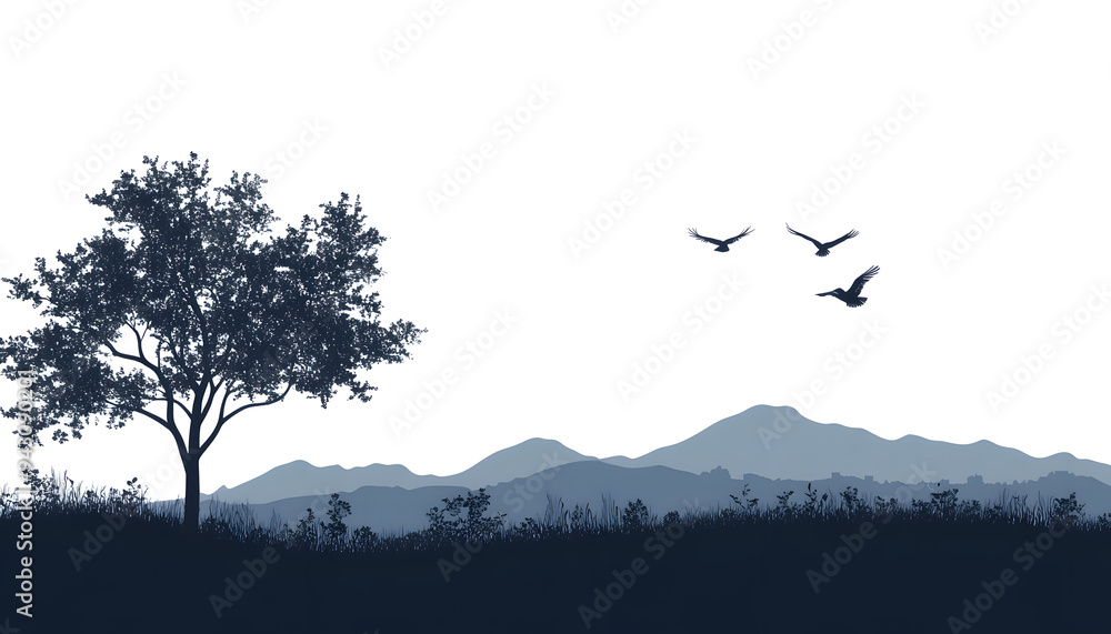 Obraz premium Silhouettes of trees, mountains, or birds in a single color against a plain background