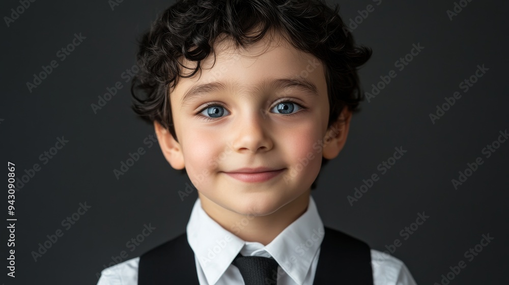 A photo of an attractive young boy with black hair, blue eyes and wearing white shirt black tie and vest on isolated background. He is smiling at the camera and has short curly black wavy hairstyle. A photo of an attractive young boy with black hair, blue eyes and wearing white shirt black tie and vest on isolated background. He is smiling at the camera and has short curly black wavy hairstyle.