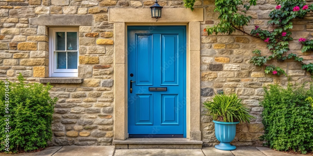 A peaceful stone home entrance with a blue wooden door, symbolizing security and a warm welcome A peaceful stone home entrance with a blue wooden door, symbolizing security and a warm welcome
