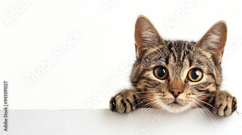 Cat over blank white sign placard. Cat head with paw napping behind white banner background with copy space.