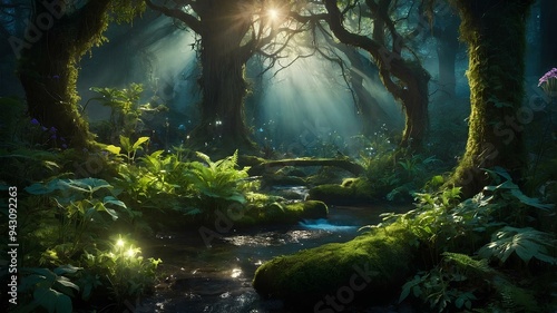 Fantasy landscape. Enchanted forest with glowing plants, mystical creatures, ethereal atmosphere. Magical and inviting scenery.