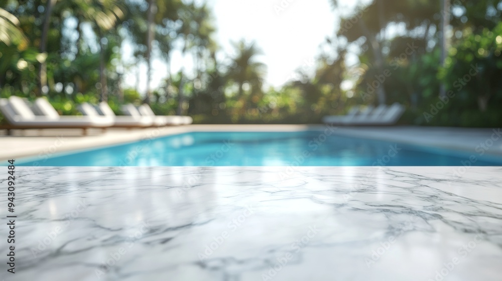 White marble table with blurred pool background for product display White marble table with blurred pool background for product display