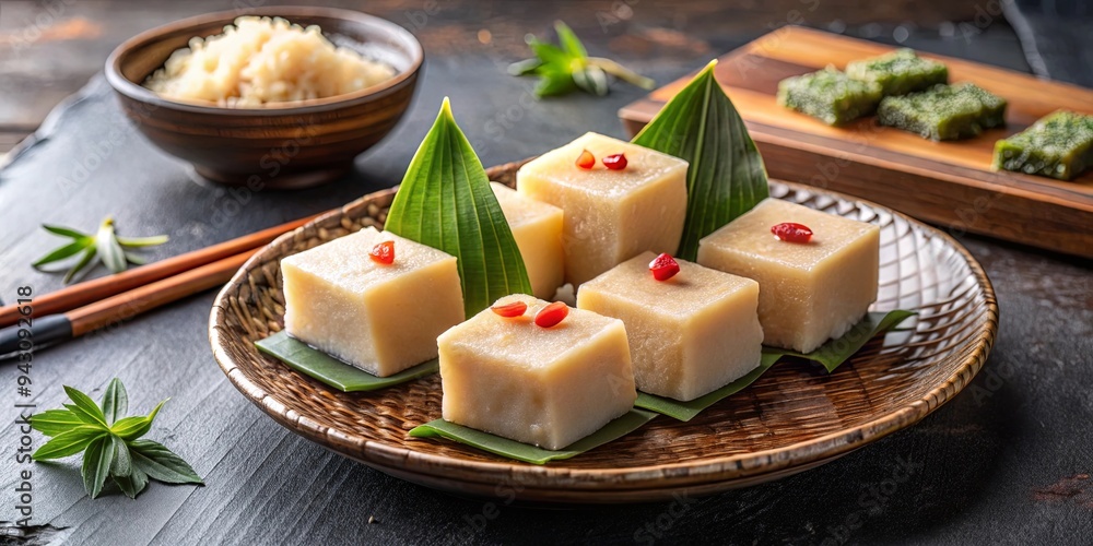 Delicately arranged Japanese konnyaku blocks made from devil's tongue tuber in traditional Asian cooking Delicately arranged Japanese konnyaku blocks made from devil's tongue tuber in traditional Asian cooking