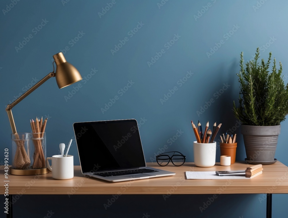 Minimalist Workspace with Laptop, Desk Lamp, and Plants Minimalist Workspace with Laptop, Desk Lamp, and Plants